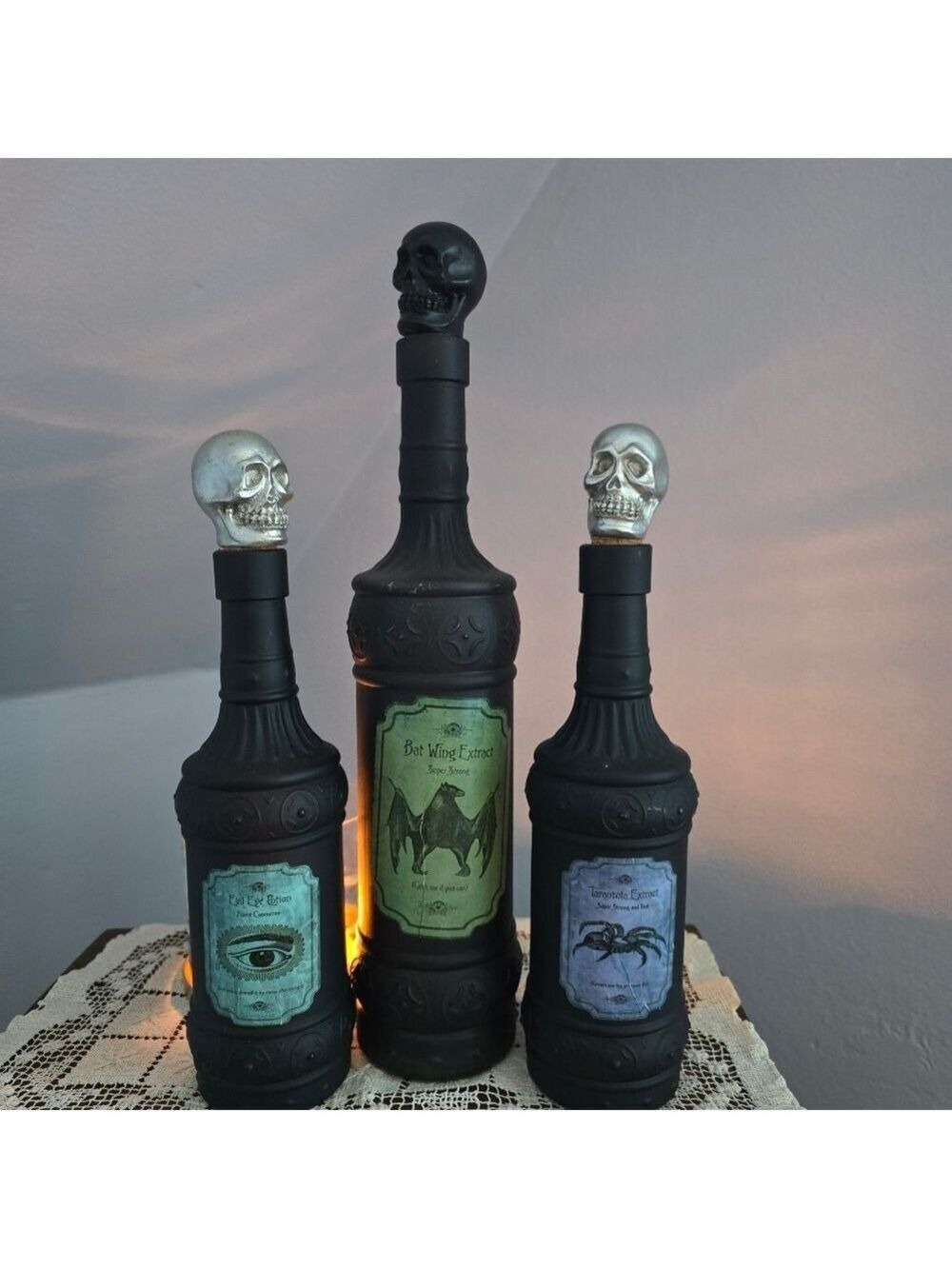 Three Black Glass Gothic Witch Tincture Potion Bottles With Skull Cork Stoppers - Picture 2 of 12